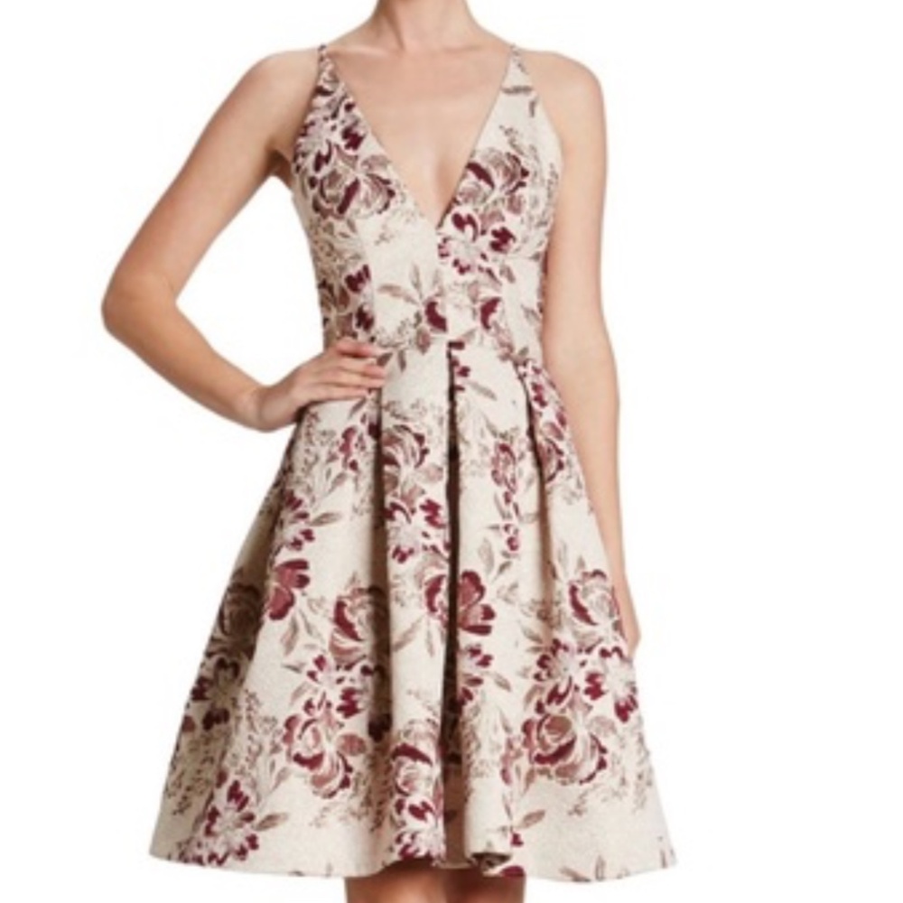 Dress the Population Cream Floral Fit-and-Flare Dress with Burgundy Print